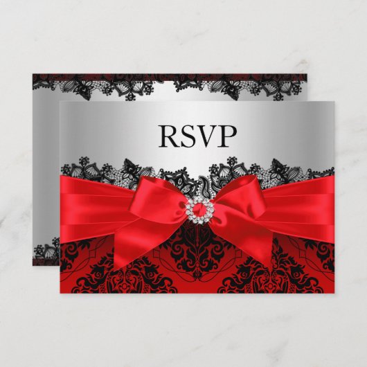 Red Lace Damask & Bow RSVP (Voorkant / Achterkant)