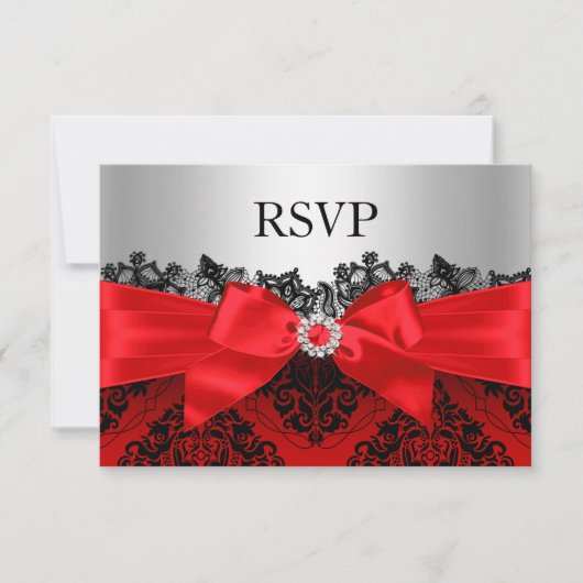 Red Lace Damask & Bow RSVP Kaartje (Voorkant)