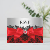 Red Lace Damask & Bow RSVP Kaartje (Staand voorkant)