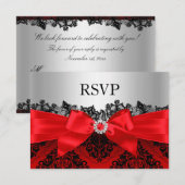 Red Lace Damask & Bow RSVP Kaartje (Voorkant / Achterkant)