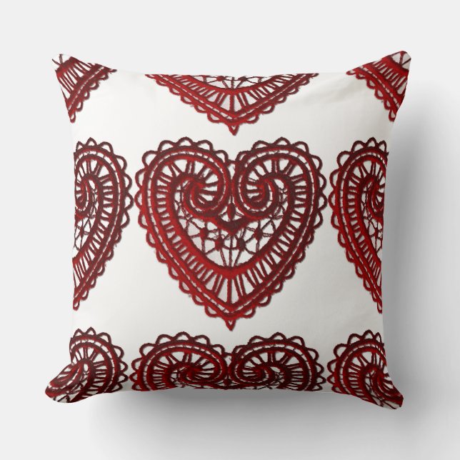 Red Lace Valentijn Hearts Pattern Sierkussen (Voorkant)