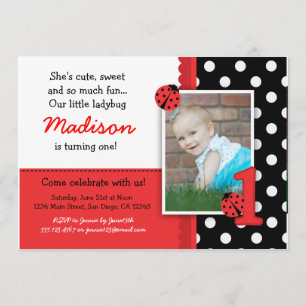 Red ladybug 1st Birthday Invitations Kaart