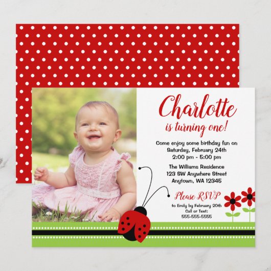 Red Ladybug Girl Birthday Photo Invitations (Devant / Derrière)