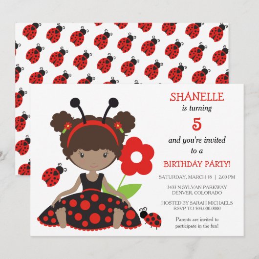 Red Ladybug Girls Birthday Party Invitation (Devant / Derrière)