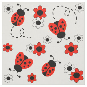 Red Ladybug Lady Bug Floral White Flowers Stof