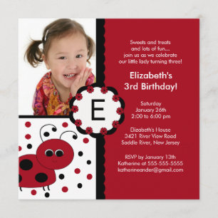 Red Ladybug Photo Birthday Invitation Kaart