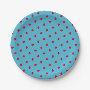 Red Ladybugs Polka Dot Pattern on Blue Papieren Bordje