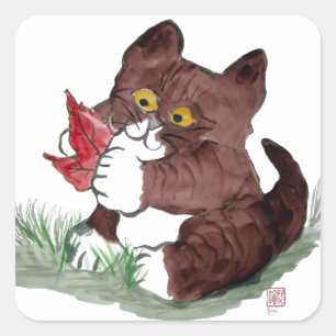 Red Leaf I Gotcha, zegt Kitten. Sumi-e Vierkante Sticker