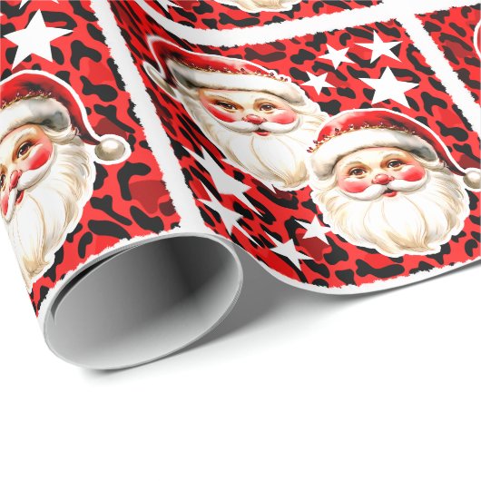 Red Leopard Print Retro Kerstman Kerstmis Cadeaupapier (Rol Hoek)