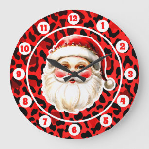 Red Leopard Print Retro Kerstman Kerstmis Grote Klok