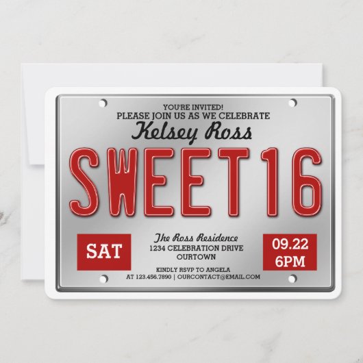 Red License Plate Sweet 16 Parties Invitations (Devant)