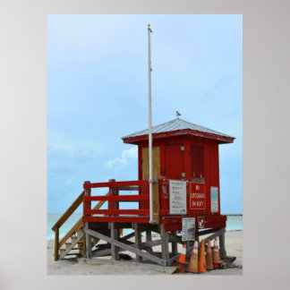 Red Lifeguard Tower No Lifeguard on Duty Poster