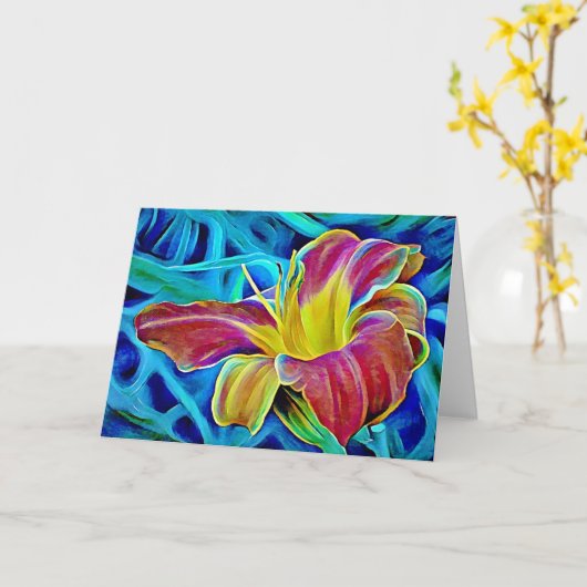 Red Lily Aqua Fantasy Art Note Kaart (Gele Bloem)