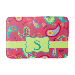 Red Lime Green Monogram Modern Paisley Pattern Badmat