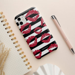 Red Lip Print Kisses Black & White Stripe Case-Mate iPhone 14 Hoesje