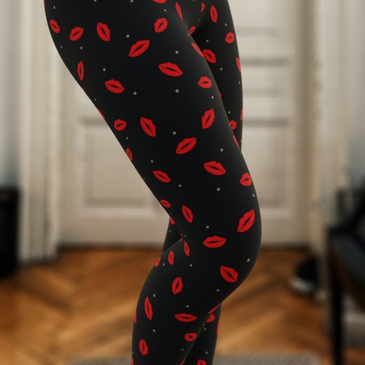 Red Lip Print Lipstick Baiser Leggings noirs
