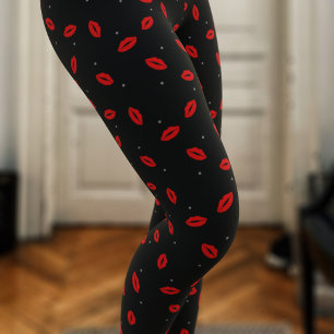 Red Lip Print Lipstick Kiss Black Leggings