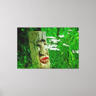 Red Lipped American Indian Totem bij wilde bloemen Canvas Afdruk