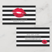 Red Lips Black White Stripes Modern Makeup Artist Visitekaartje (Voorkant / Achterkant)