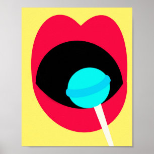 Red Lips Blue Lollipop Retro Yellow Poster Imprime
