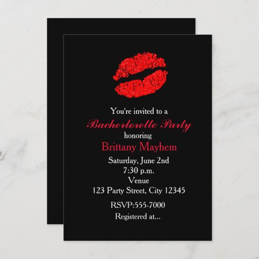 Red Lips KISS vrijgezellenfeest uitnodiging (Voorkant / Achterkant)