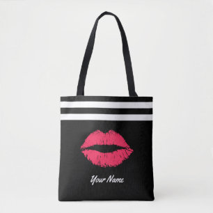 Red Lips Modern Stripes Aangepaste naam Tote Bag