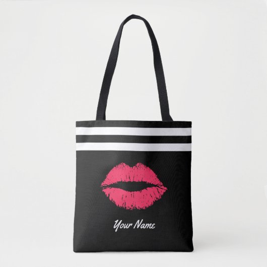 Red Lips Modern Stripes Aangepaste naam Tote Bag (Voorkant)
