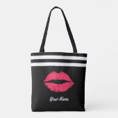 Red Lips Modern Stripes Aangepaste naam Tote Bag (Achterkant)