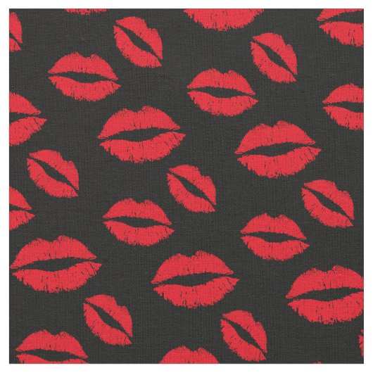 Red Lips Pattern Modern Black Stof (Close Up)