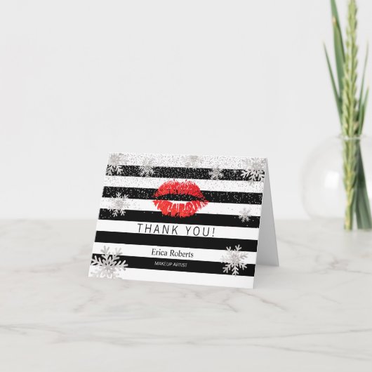 Red Lips Snowflakes Moderne Stripes Hartelijk dank Bedankkaart (Voorkant)
