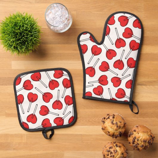 Red Lollipops, Heart Lollipops, Lollipop Pattern Ovenwant & Pannenlap Set (Top down)
