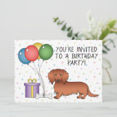 Red Long Hair Dachshund Cartoon Dog Birthday Party Kaart (Staand voorkant)