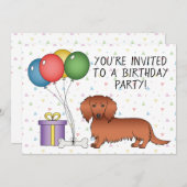 Red Long Hair Dachshund Cartoon Dog Birthday Party Kaart (Voorkant / Achterkant)