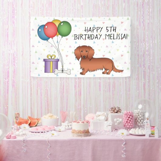 Red Long Hair Dachshund Cartoon Dog Happy Birthday Spandoek (Feest)