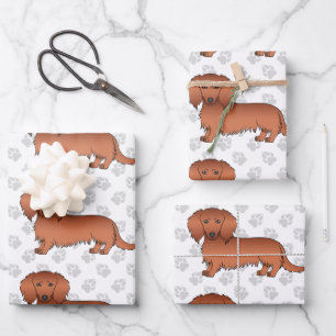 Red Long Hair Dachshund Cartoon Dog Pattern & Paws Inpakpapier Vel