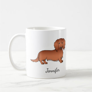 Red Long Hair Dachshund Cute Cartoon Dog & Name Koffiemok