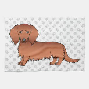 Red Long Hair Dachshund Cute Cartoon Dog & Paws Theedoek