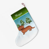 Red Long Hair Dachshund Cute Dog - Winter Forest Kleine Kerstsok (Achterkant (Hangend))