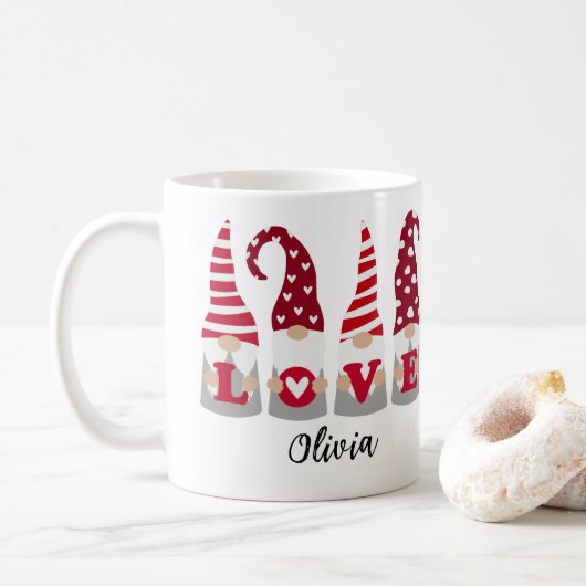 RED LOVE GNOMES VALENTINE'S DAY NAME MUG (Avec donut)
