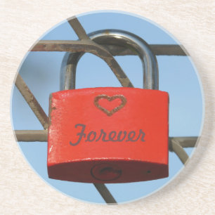 Red Love Lock met Heart op Fence, "Forever" Zandsteen Onderzetter