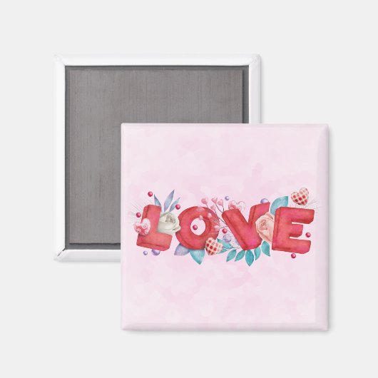 Red Love Text in Bold Block Font Waterverf Magneet (Voorkant / Achterkant)