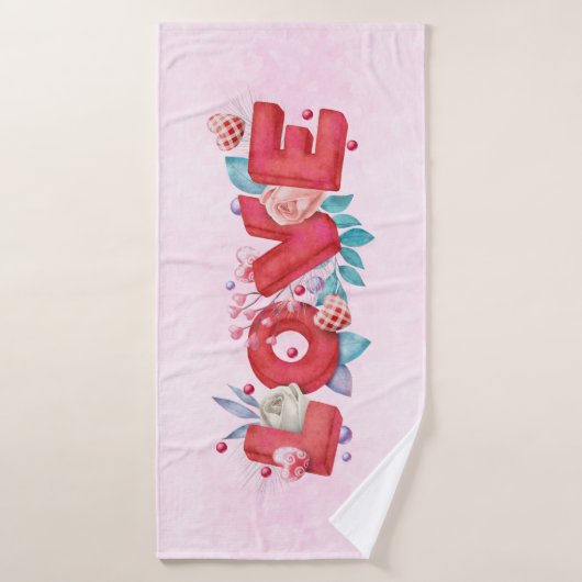 Red Love Text in Bold Block Letters Waterverf Bad Handdoek (Badhanddoek)