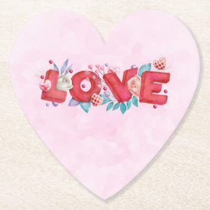 Red Love Text in Bold Block Letters Waterverf Kartonnen Onderzetters