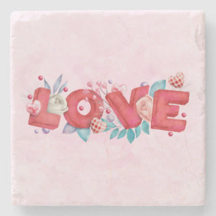 Red Love Text in Bold Block Letters Waterverf Stenen Onderzetter