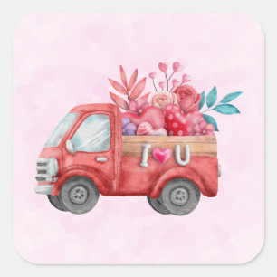 Red Love Truck met Heart Cargo Waterverf Vierkante Sticker
