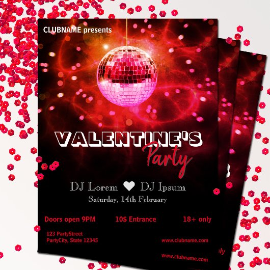 Red Love Valentine's Day Disco Ball Party Flyer