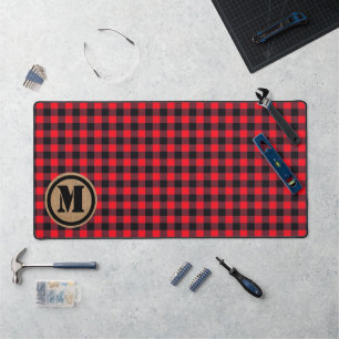 Red Lumberjack Buffel Plaid en Burlap Monogram Bureaumat