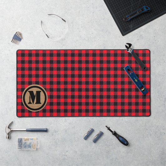 Red Lumberjack Buffel Plaid en Burlap Monogram Bureaumat (Werkstation)