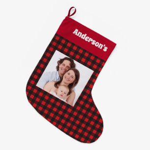 Red Lumberjack Pattern Familie Foto Naam Grote Kerstsok