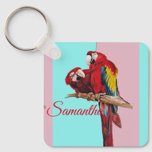 Red Macaw Parrot Waterverf Girls Name Key Ring Sleutelhanger
